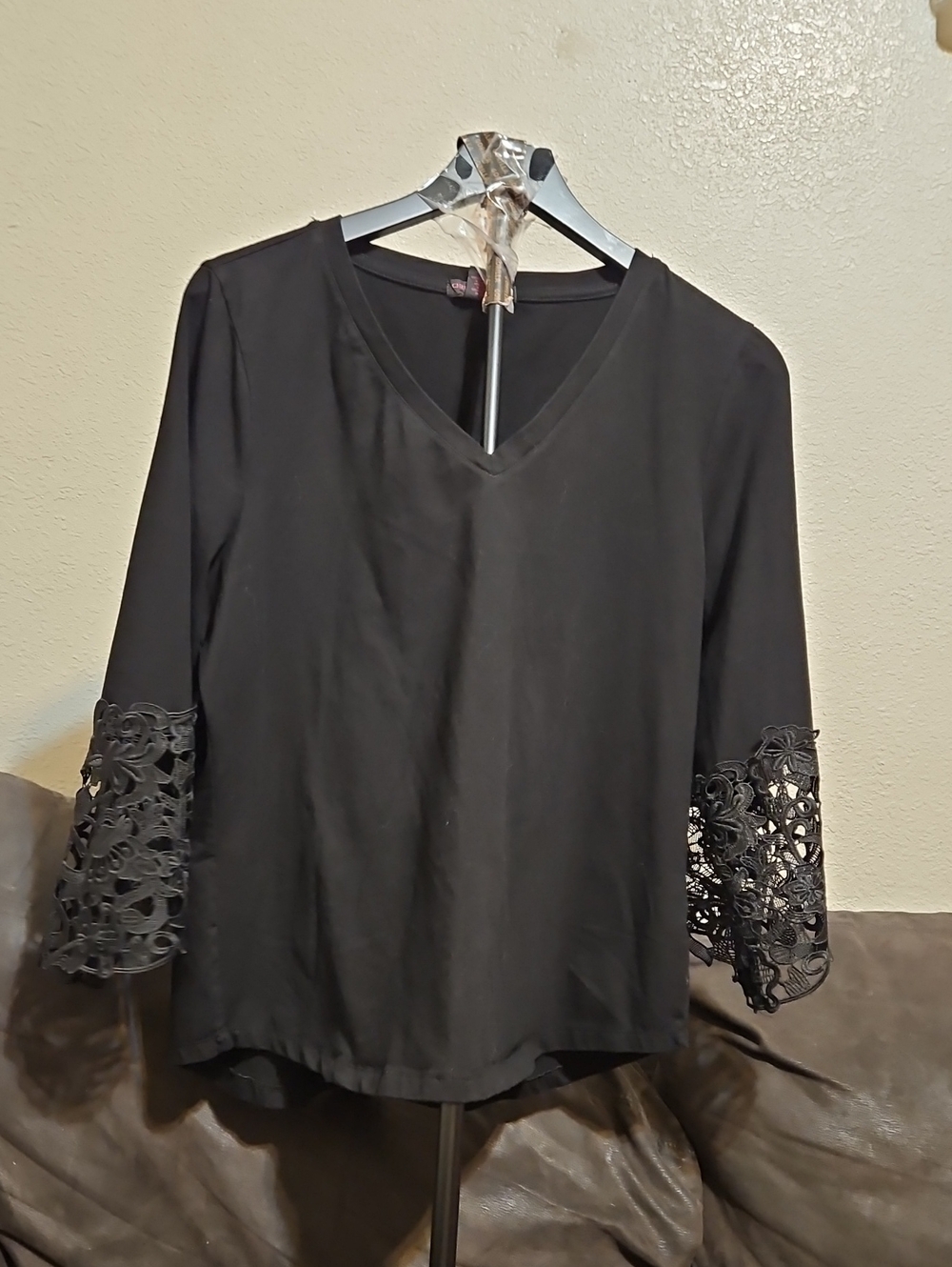 Christian Siriano Black V-Neck Blouse with Lace Bell Sleeves